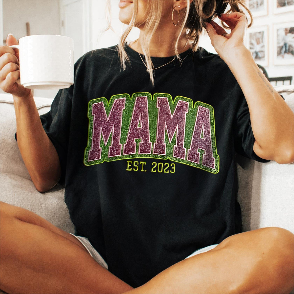 Custom Personalized Two Color Glitter Embroidered Mom T-Shirt | With Kids Names On Sleeve | Gift for Mom &amp; Grandma