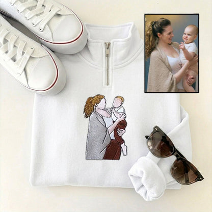 Custom Family Portrait From Photo Embroidered Quarter Zip Sweatshirt | Mother&