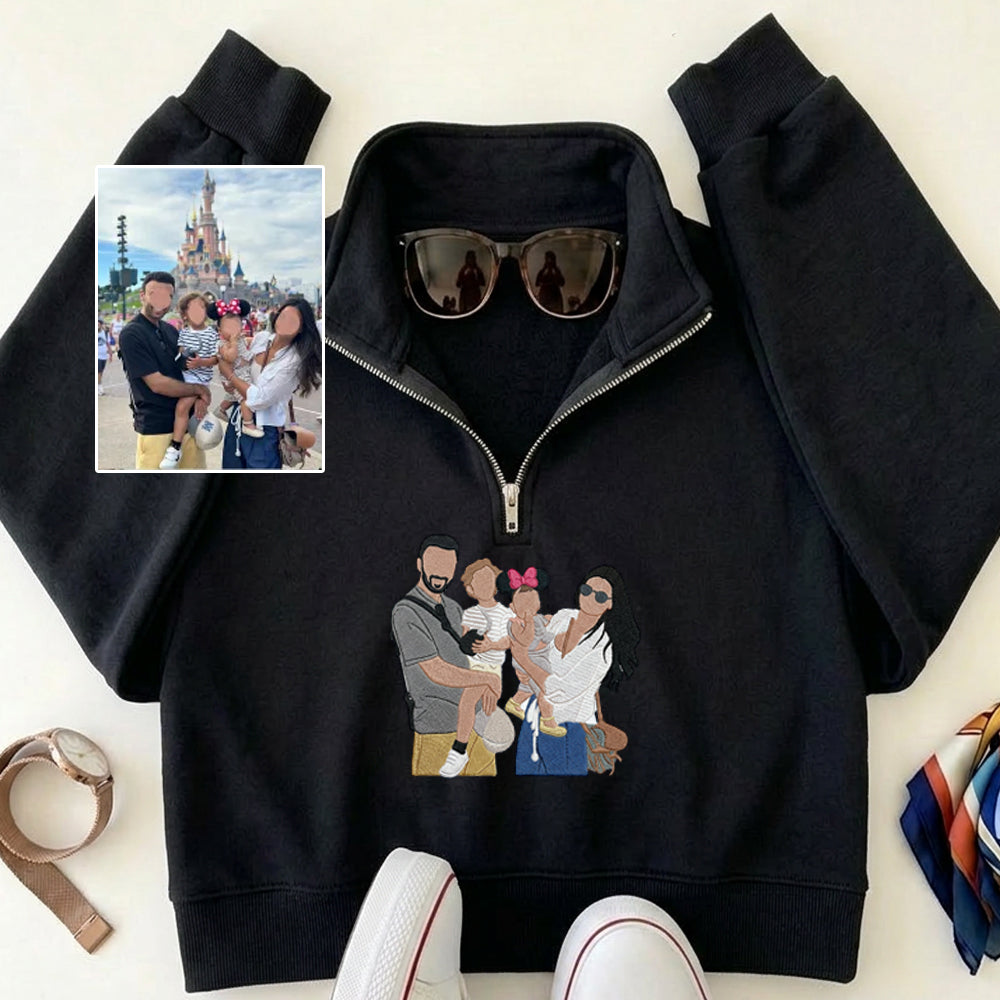 Custom Family Portrait From Photo Embroidered Quarter Zip Sweatshirt | Mother&