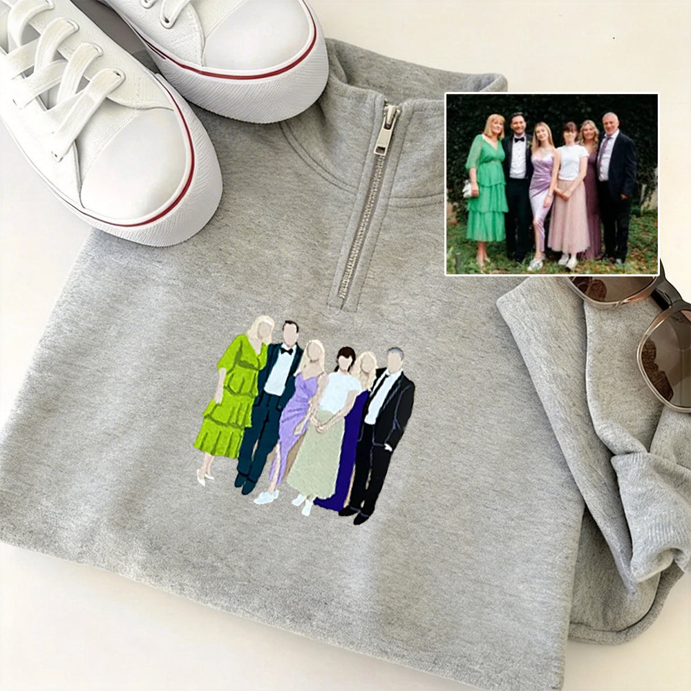 Custom Family Portrait From Photo Embroidered Quarter Zip Sweatshirt | Mother&