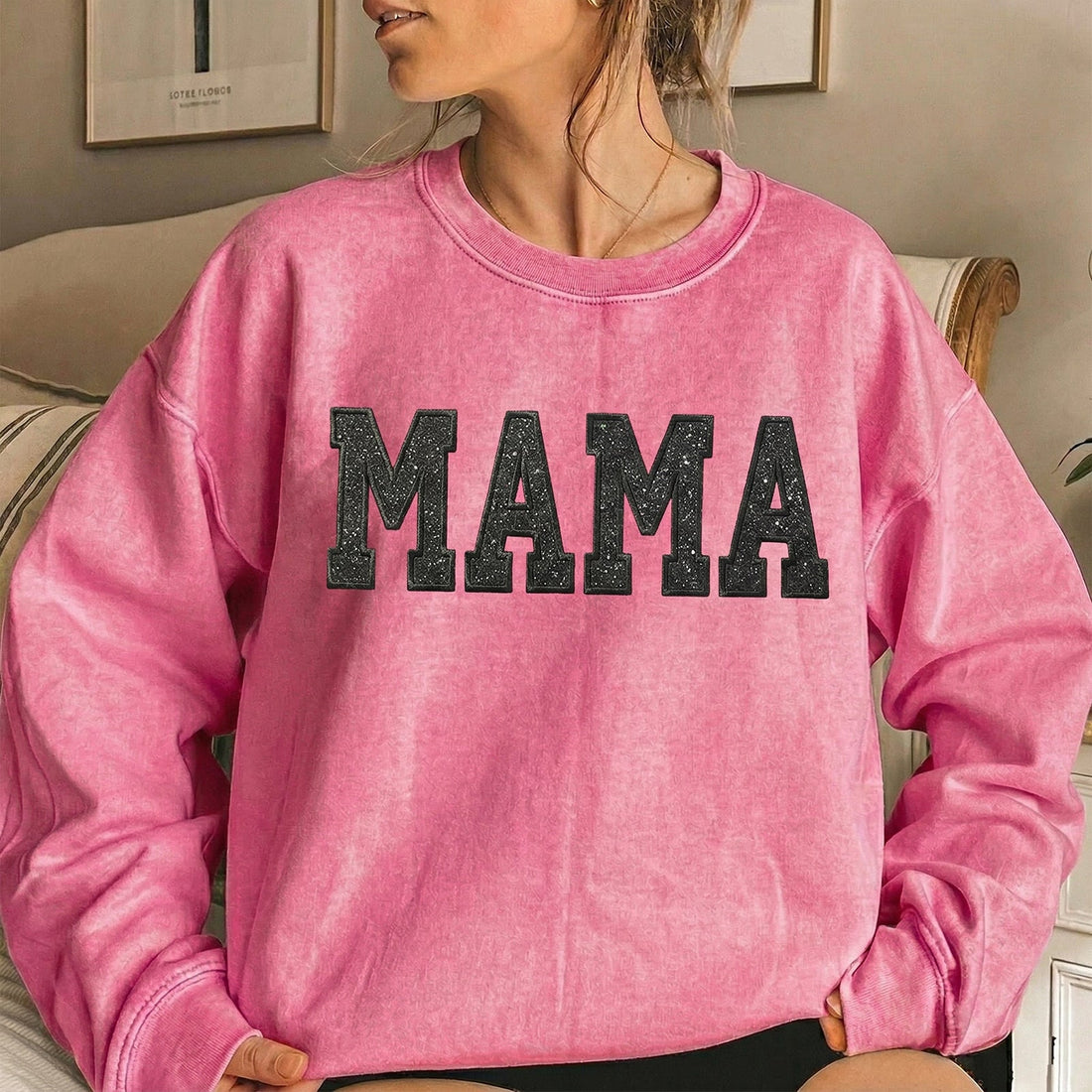 Custom Embroidered Applique Glitter Mama Washed Sweatshirt - Gift for Mom