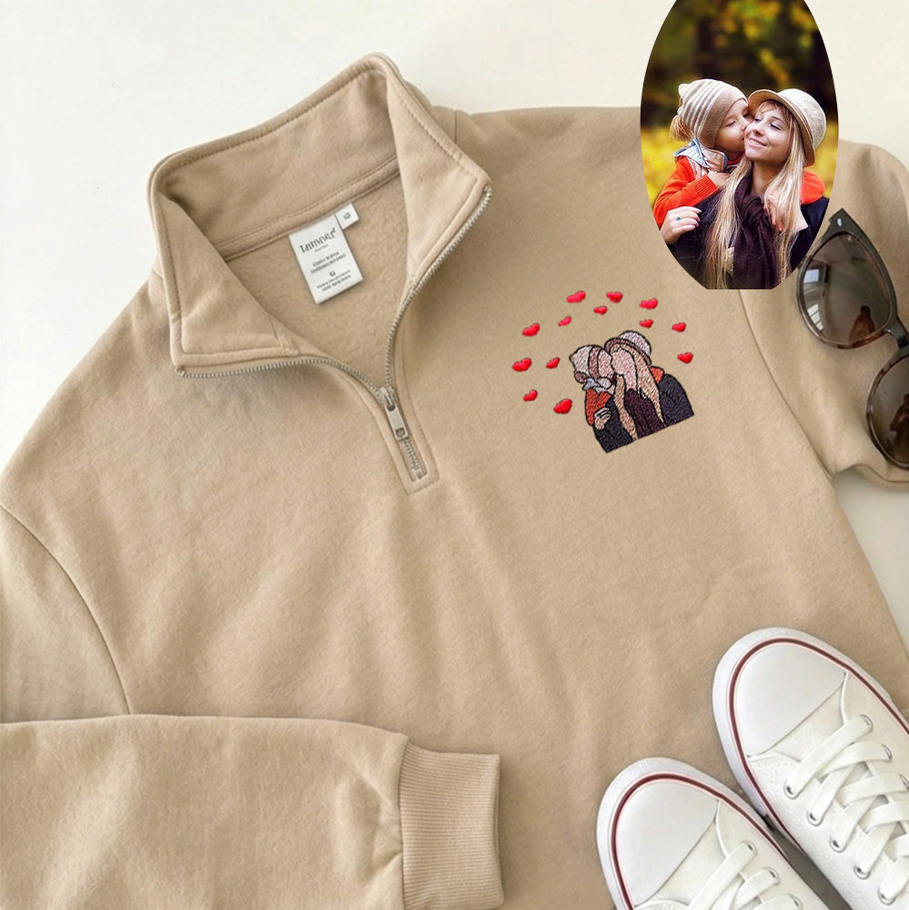 Custom Embroidered Portrait Quarter Zip Sweatshirt from Photo | Mother&