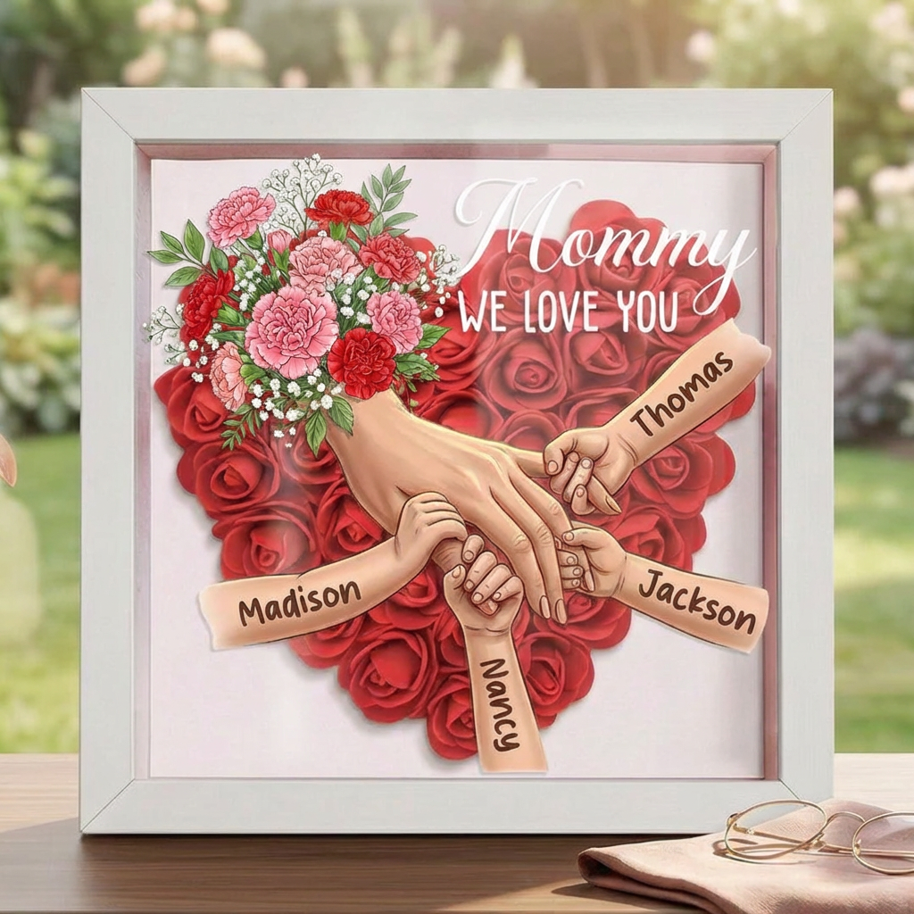 "Carnation"-Personalized Mom Holding Hands Memorial Shadow Box-Mother&