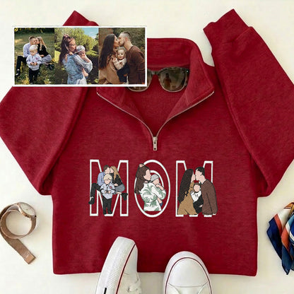 Custom Photo Portrait Embroidery Quarter Zip Sweatshirt, Gift For Mom/Mama/Family