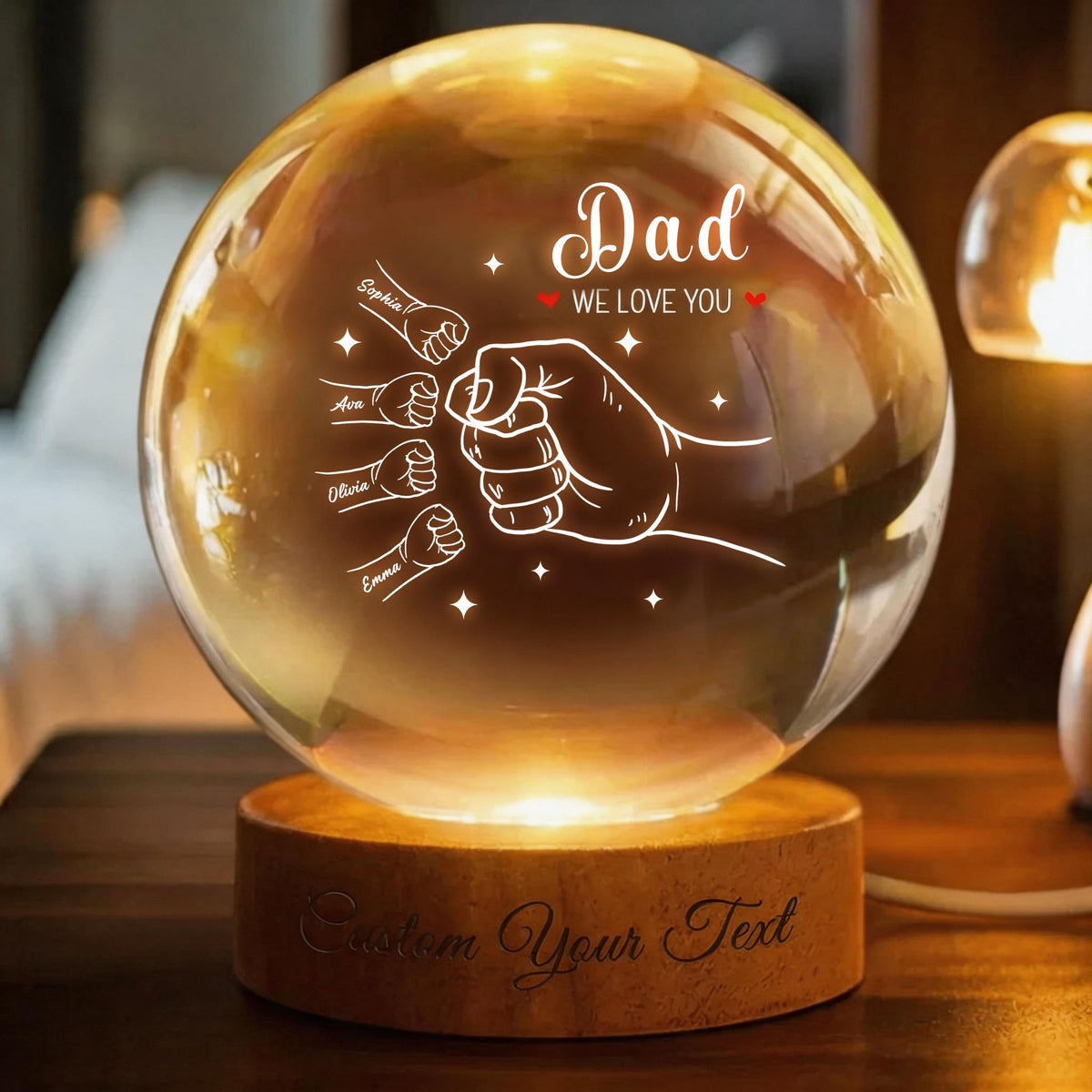 Dad &amp; Me Fist Bump Crystal Ball Lamp - Personalized LED Night Light for Dad, Daddy, Papa, Father