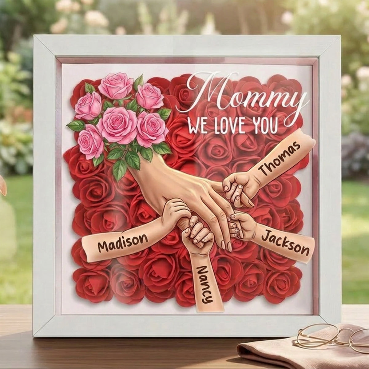 "Pink Roses"-Personalized Mom Holding Hands  Shadow Box-Mother&
