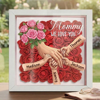 "Pink Roses"-Personalized Mom Holding Hands  Shadow Box-Mother&