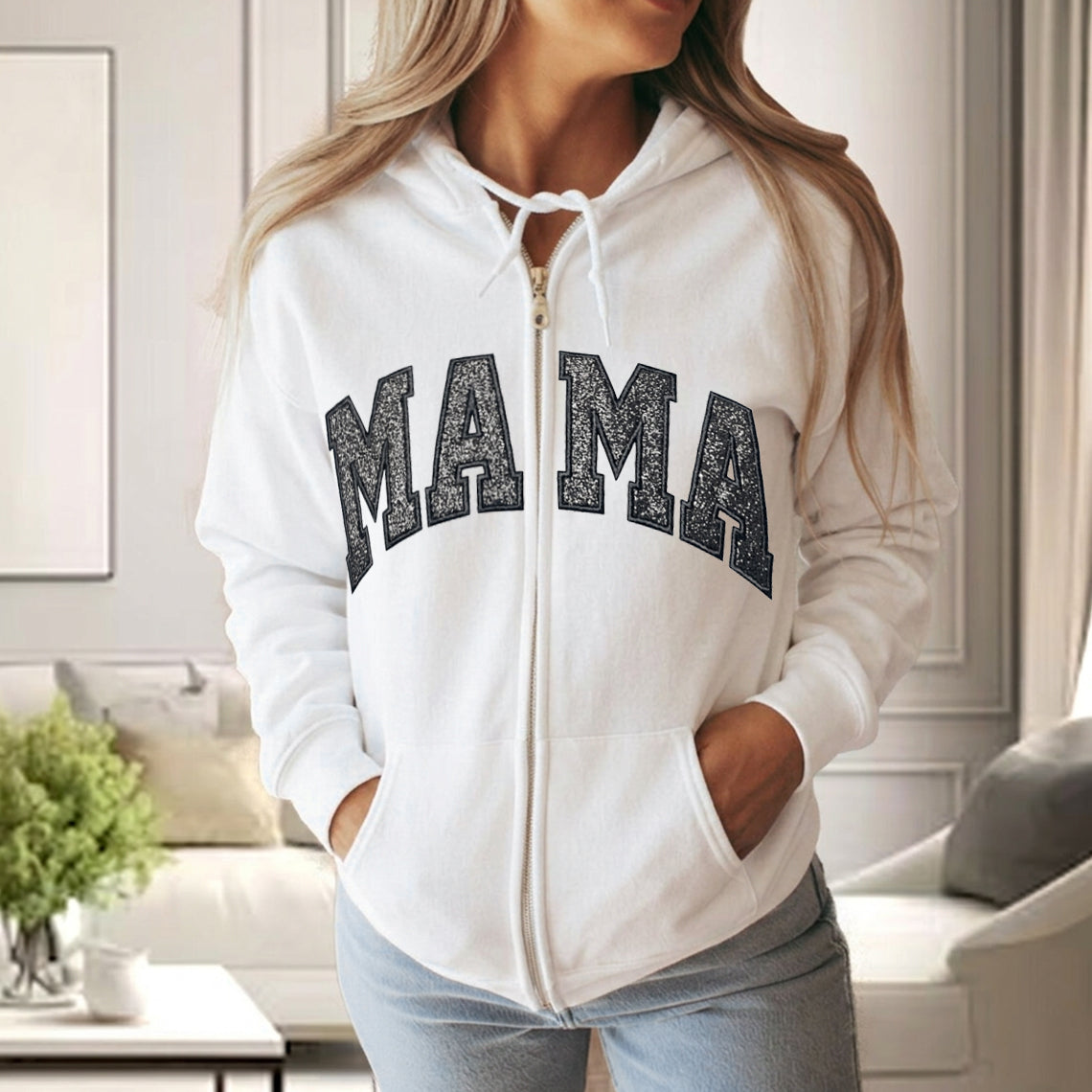 Custom Embroidered Applique Glitter Mama Full Zip Sweatshirt - Gift for Mom