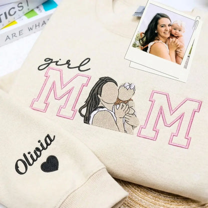 Custom Girl Mom with Embroidered Portrait from Photo and Kids Name Sweatshirt | Mother&