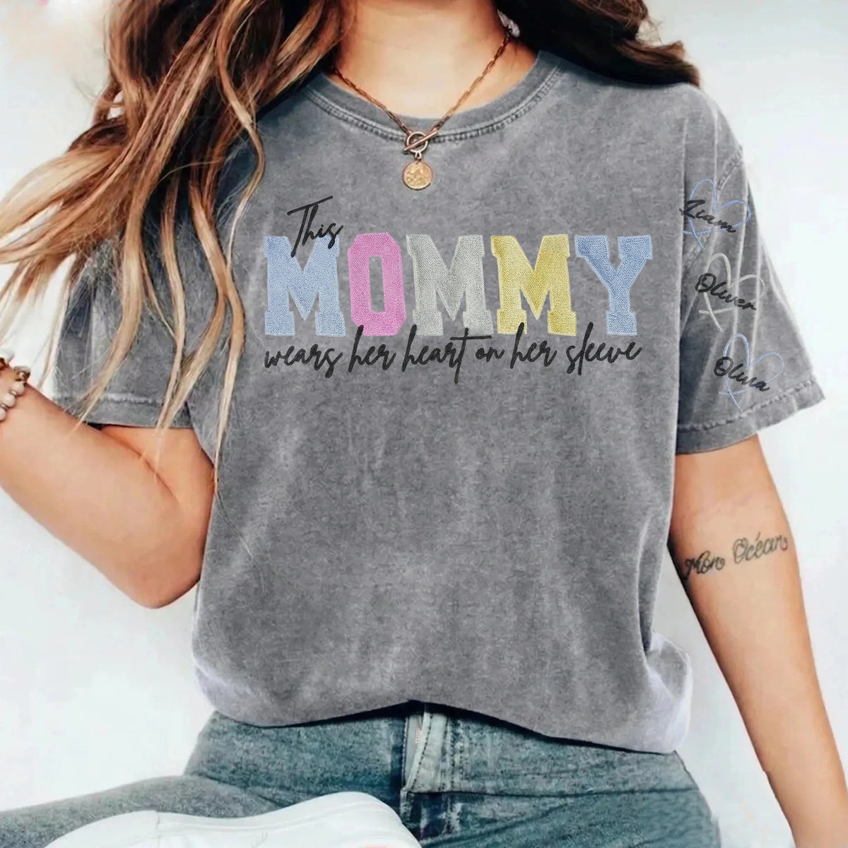 Custom Embroidered Heart on Sleeve Personalized Mommy/Grandma Washed Sweatshirt | Mother&