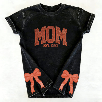 Custom Trendy and Cute Mama Embroidered Glitter Side Bow Washed Sweatshirt | Mother&