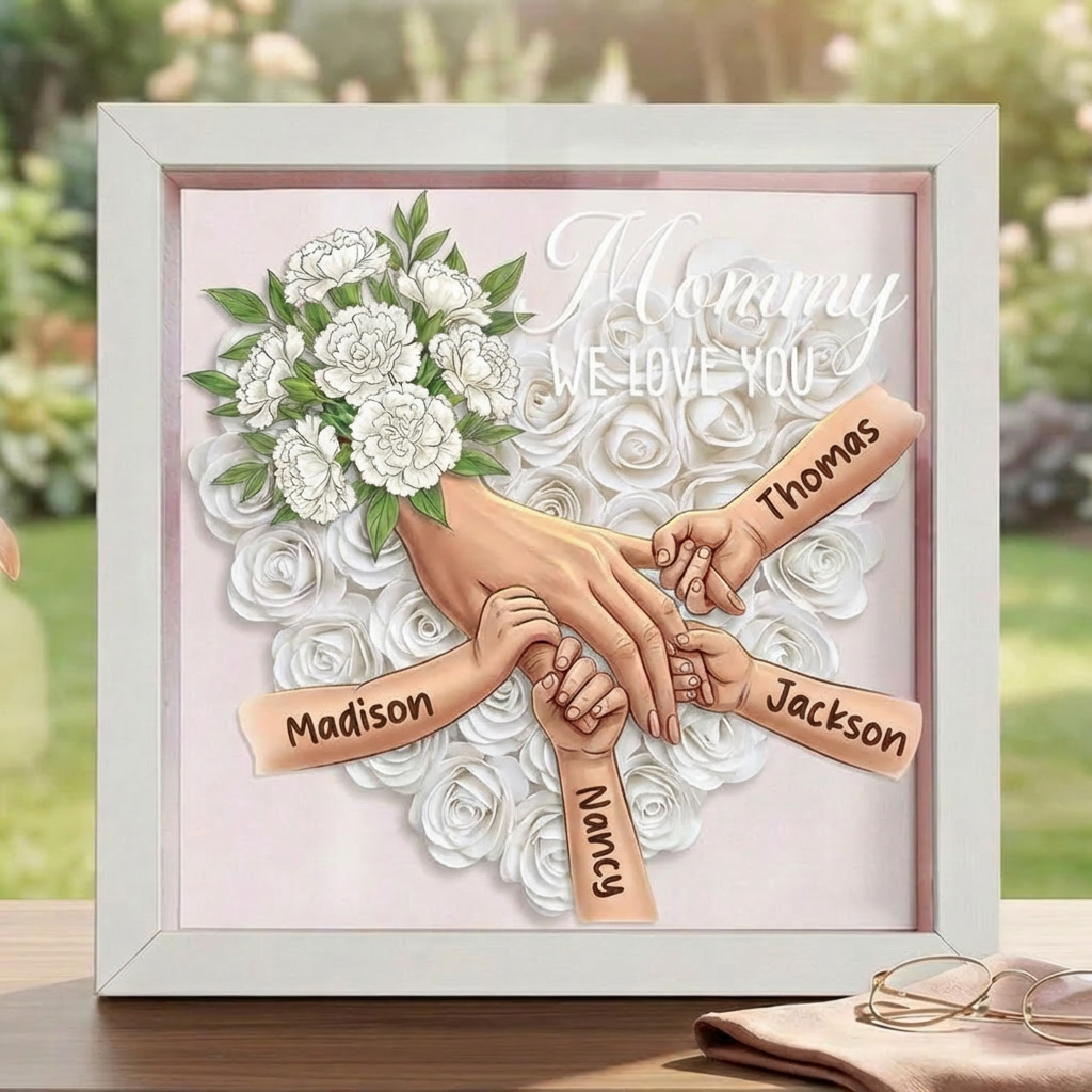 "White Carnation"-Personalized Mom Holding Hands Memorial Shadow Box-Mother&