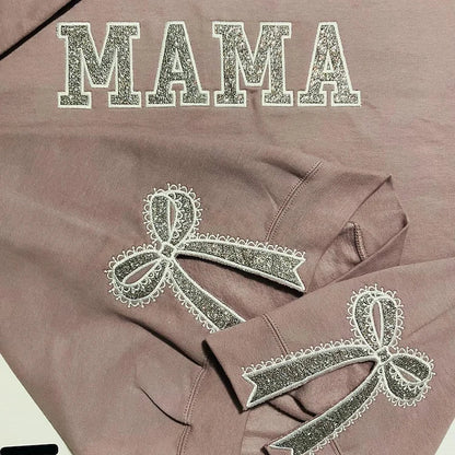 Custom Glitter Embroidered Lace Side Bow Mama Sweatshirt | Mother&