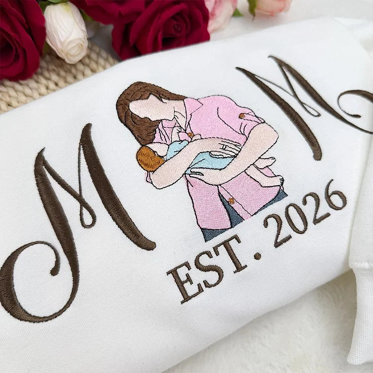 Custom Embroidered Mom Sweatshirt with Mom Kids Portrait | Mother&
