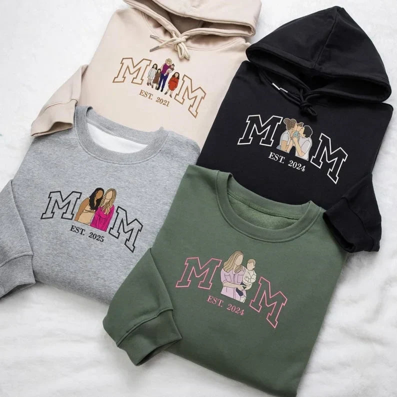 Custom Embroidered Photo Mom and Kids Family Portrait Sweatshirt |  Mother&