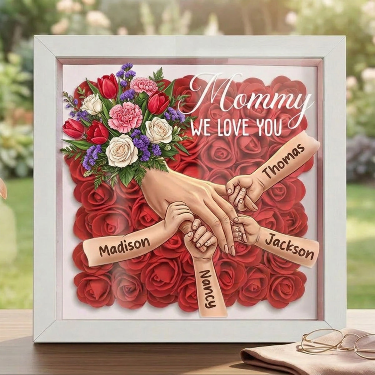"Tulips, White Roses, and Carnations"-Personalized Mom Holding Hands Flower Shadow Box-Mother&