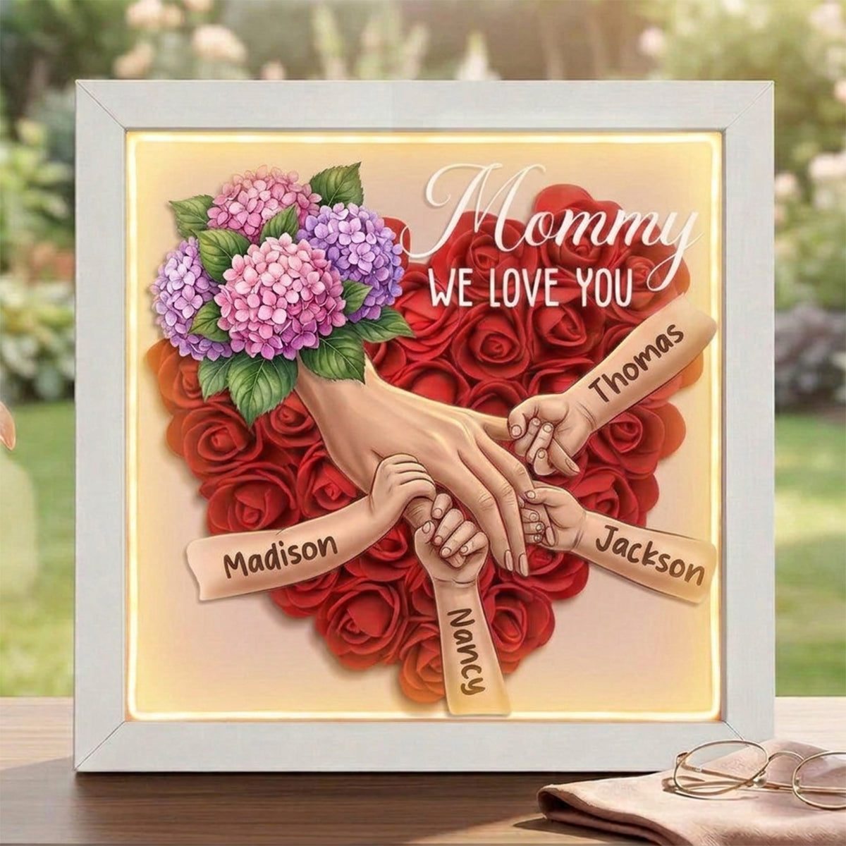 "Hydrangea"-Personalized Mom Holding Hands Flower Shadow Box-Mother&
