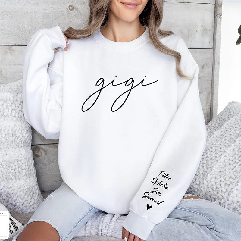 Custom Puff Print Sweatshirt Est Year with Kids Names on Sleeve | for Mama and Grandma Gift