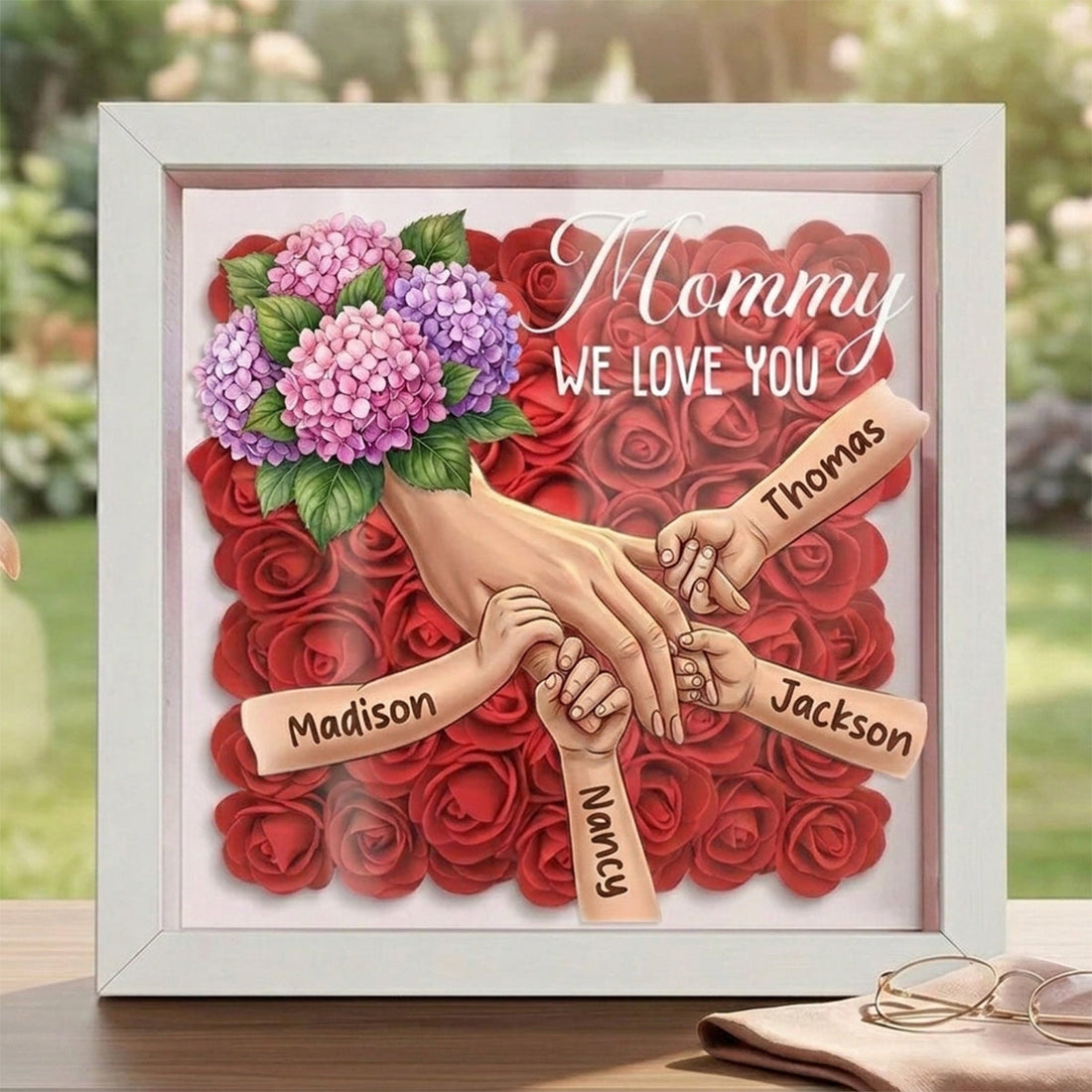 "Hydrangea"-Personalized Mom Holding Hands Flower Shadow Box-Mother&