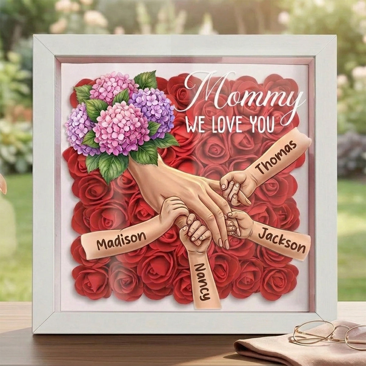 "Hydrangea"-Personalized Mom Holding Hands Flower Shadow Box-Mother&