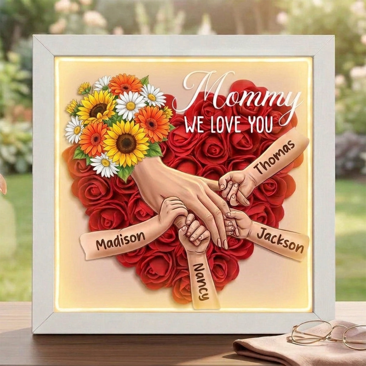 "sunflower"-Personalized Mom Holding Hands Memorial Shadow Box-Mother&