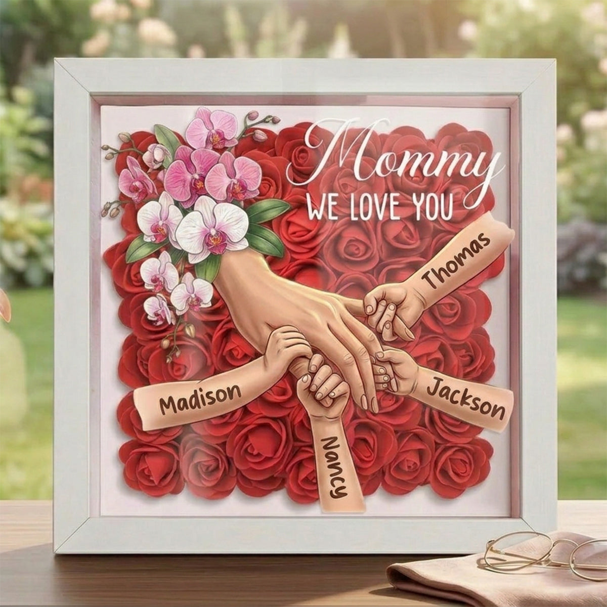 "orchid"-Personalized Mom Holding Hands Flower Shadow Box-Mother&