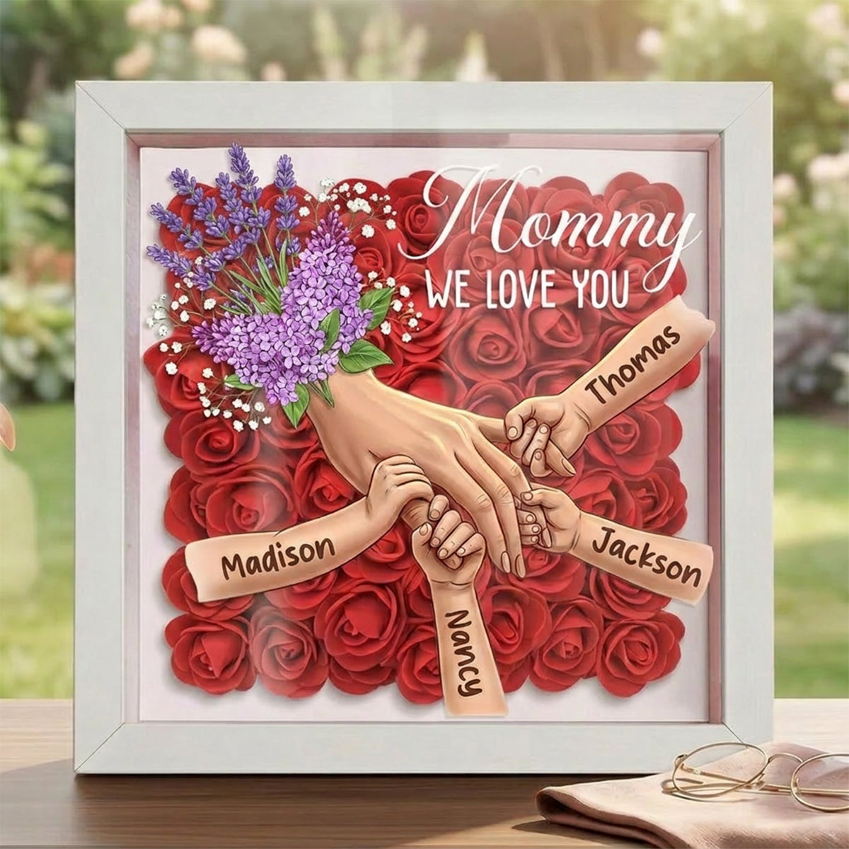 "Lavender"-Personalized Mom Holding Hands Flower Shadow Box-Mother&