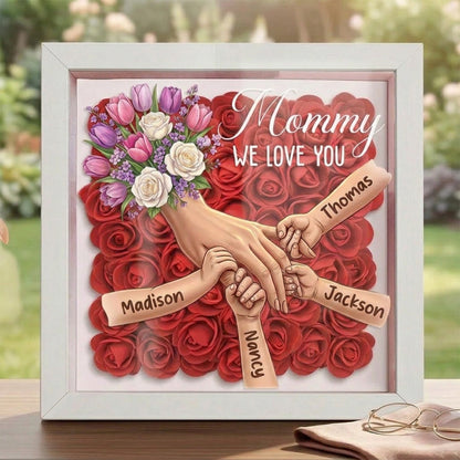 "Tulips &amp; White Roses"-Personalized Mom Holding Hands Flower Shadow Box-Mother&