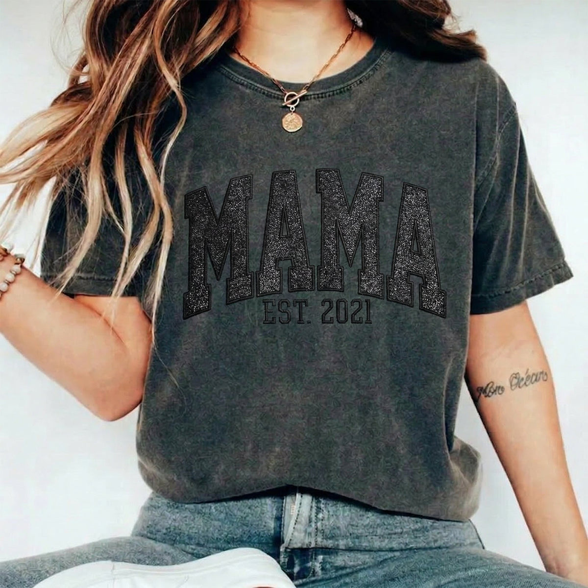 Custom Embroidered Applique Glitter Mama Washed Sweatshirt - Gift for Mom