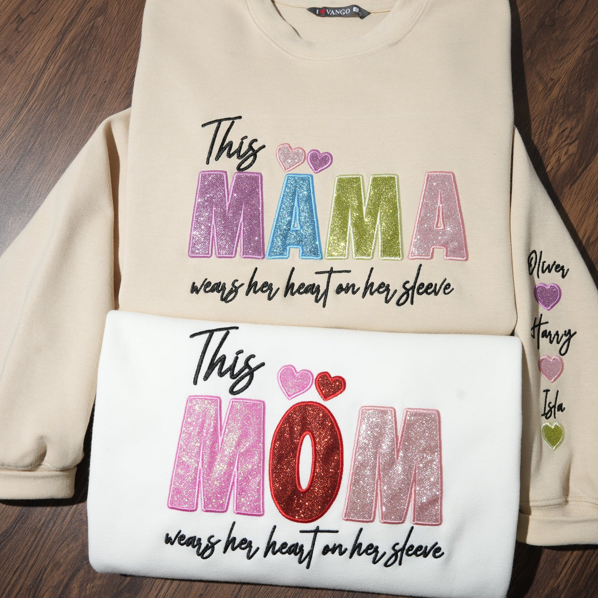 Custom Mama/Mom "Wear Heart on Her Sleeve" Sequin Sweatshirt with Kids&