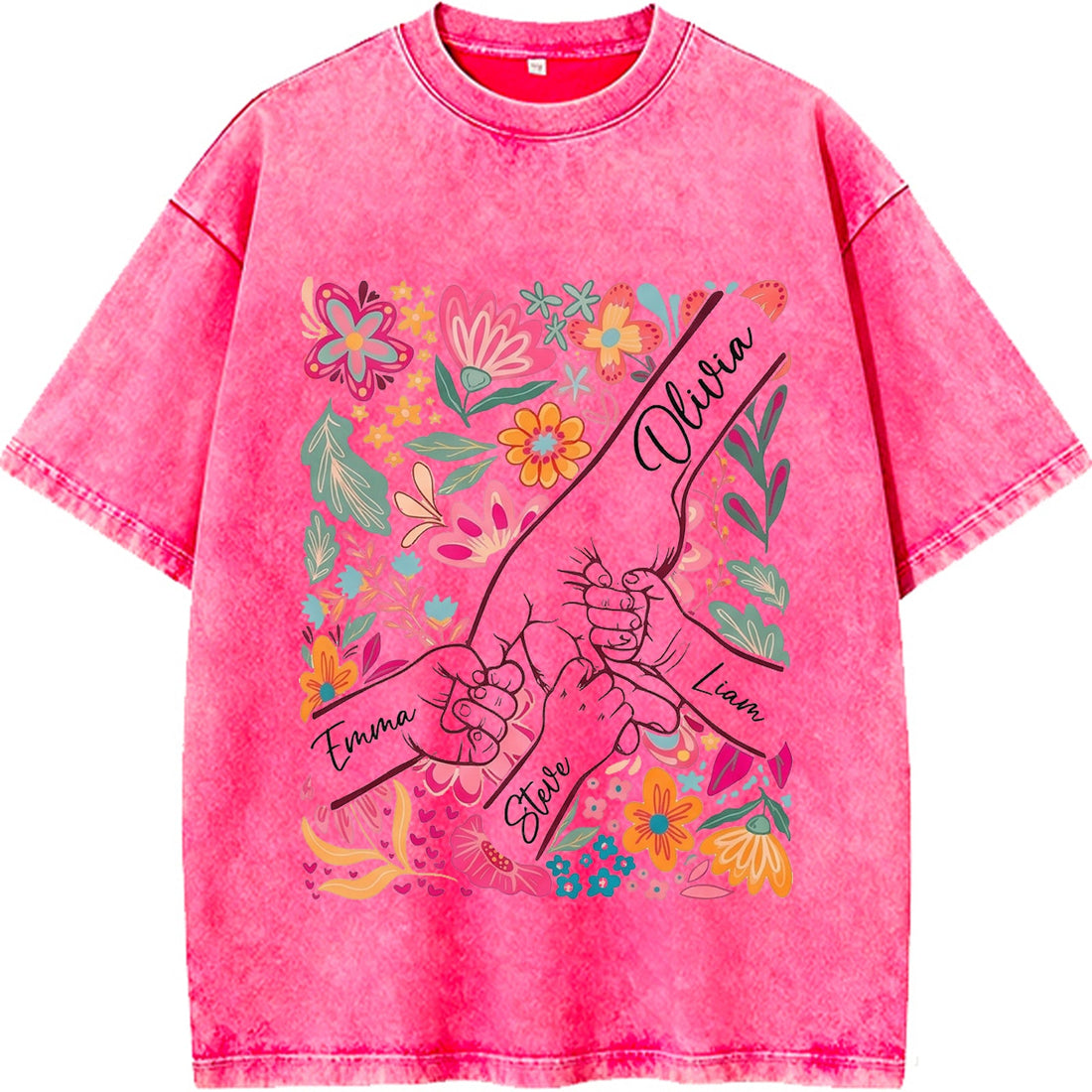 Custom Mom Kids Washed T-shirt – Pinky Promise Floral Design | Personalized Family Love Tee for Mom