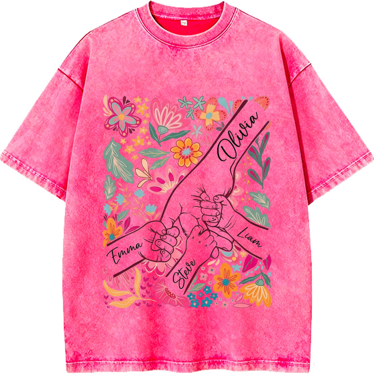 Custom Mom Kids Washed T-shirt – Pinky Promise Floral Design | Personalized Family Love Tee for Mom