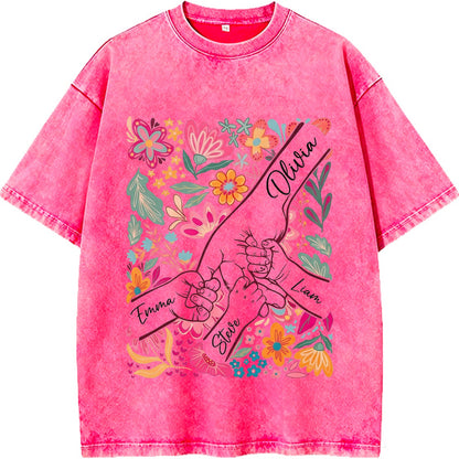 Custom Mom Kids Washed T-shirt – Pinky Promise Floral Design | Personalized Family Love Tee for Mom