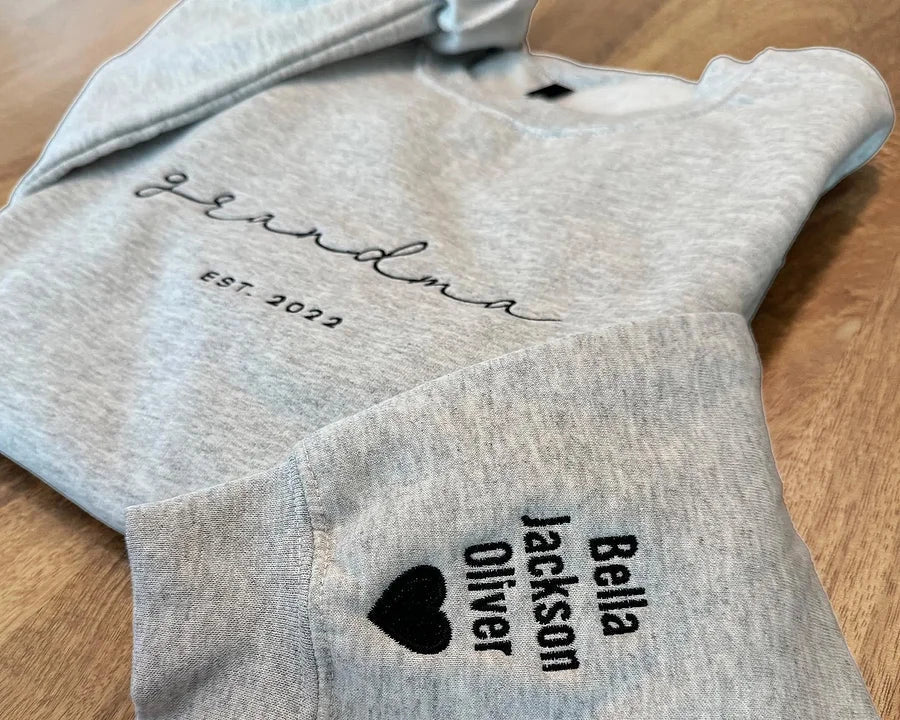 Custom Embroidered Grandma Sweatshirt with Grandkids Names on Sleeves