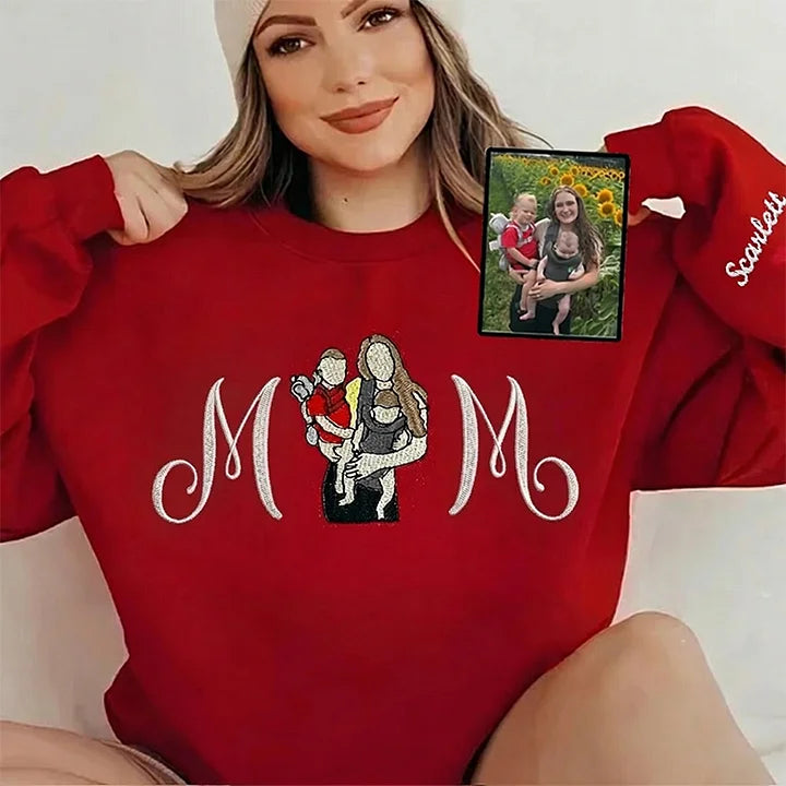Custom Embroidered Mom Sweatshirt with Mom Kids Portrait | Mother&