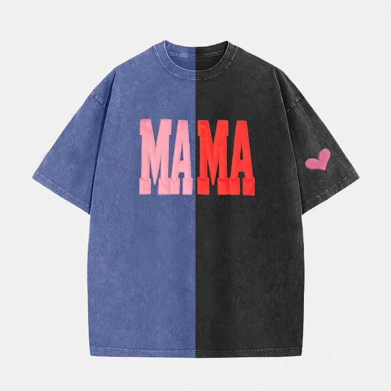 Custom Fabric Applique MAMA Two Tone Embroidered Vintage Washed T-Shirt for Mother&