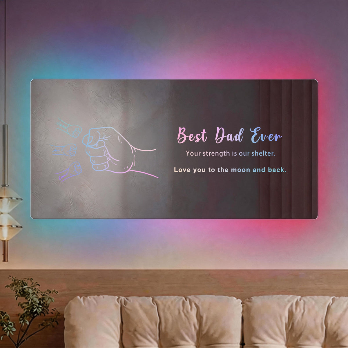 Personalized Dad &amp; Kids Fist Bump Mirror Light – Custom Father’s Day Gift