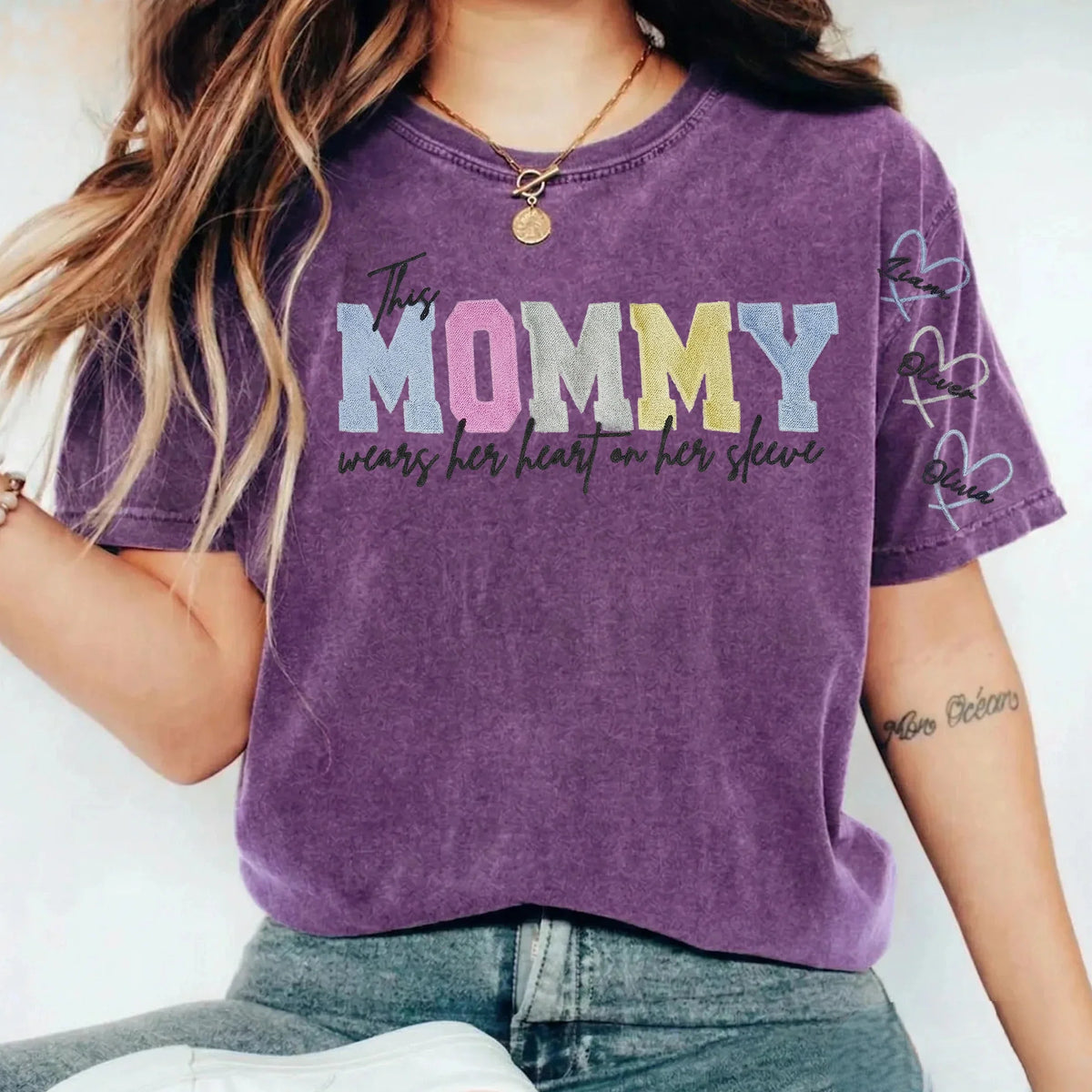 Custom Embroidered Heart on Sleeve Personalized Mommy/Grandma Washed Sweatshirt | Mother&