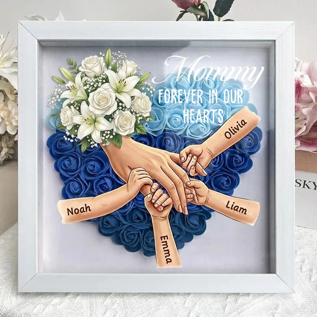 "We're Always With You"-White Lily & White Rose-Personalized Mom Holding Hands Memorial Shadow Box-Mother's Day Remembrance Frame, In Loving Memory Gift
