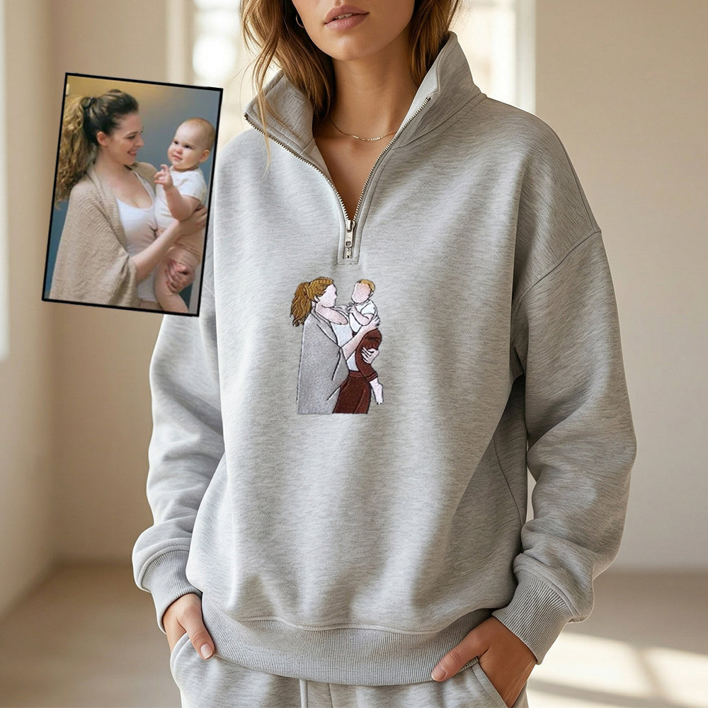 Custom Family Portrait From Photo Embroidered Quarter Zip Sweatshirt | Mother&