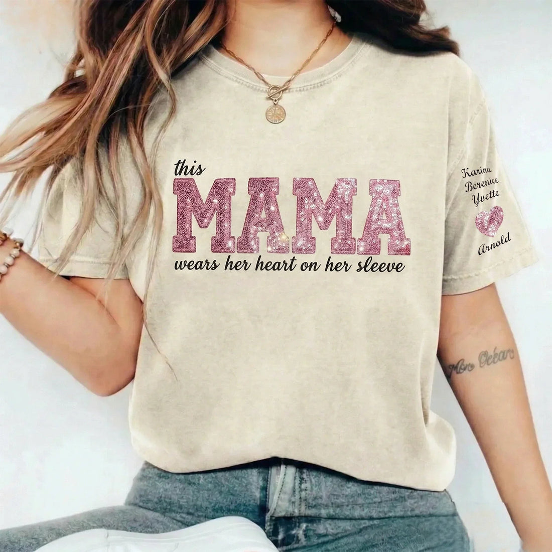 Custom Mama Sequin Embroidered Washed Sweatshirt &amp; T-shirt &amp; Hoodie with Kids&