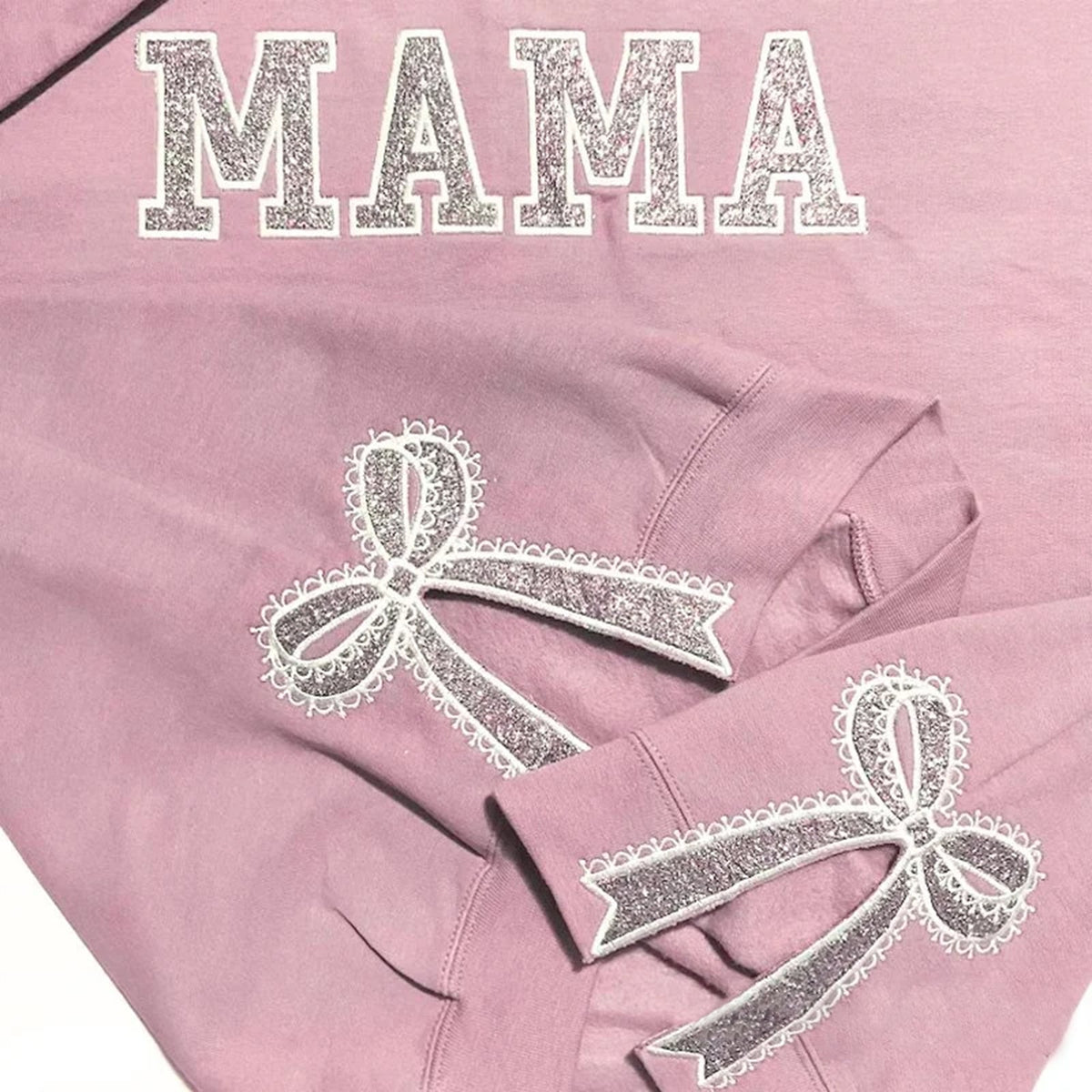 Custom Glitter Embroidered Lace Side Bow Mama Sweatshirt | Mother&