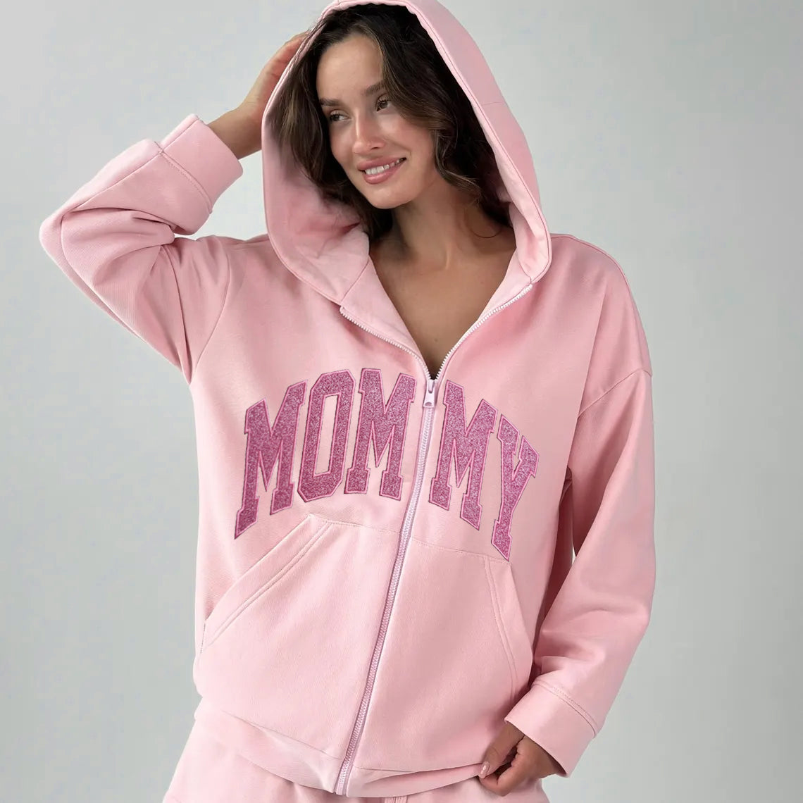 Custom Embroidered Applique Glitter Mama Full Zip Sweatshirt - Gift for Mom