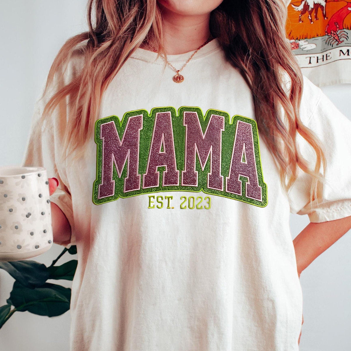 Custom Personalized Two Color Glitter Embroidered Mom T-Shirt | With Kids Names On Sleeve | Gift for Mom &amp; Grandma
