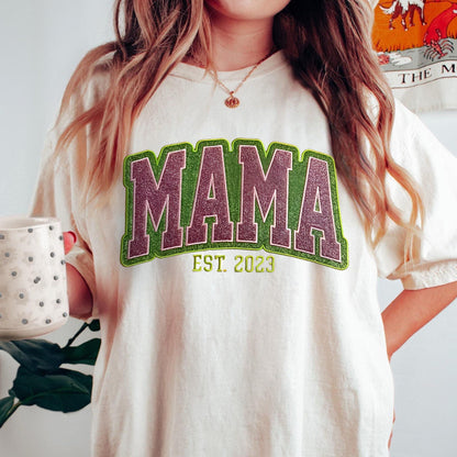 Custom Personalized Two Color Glitter Embroidered Mom T-Shirt | With Kids Names On Sleeve | Gift for Mom &amp; Grandma
