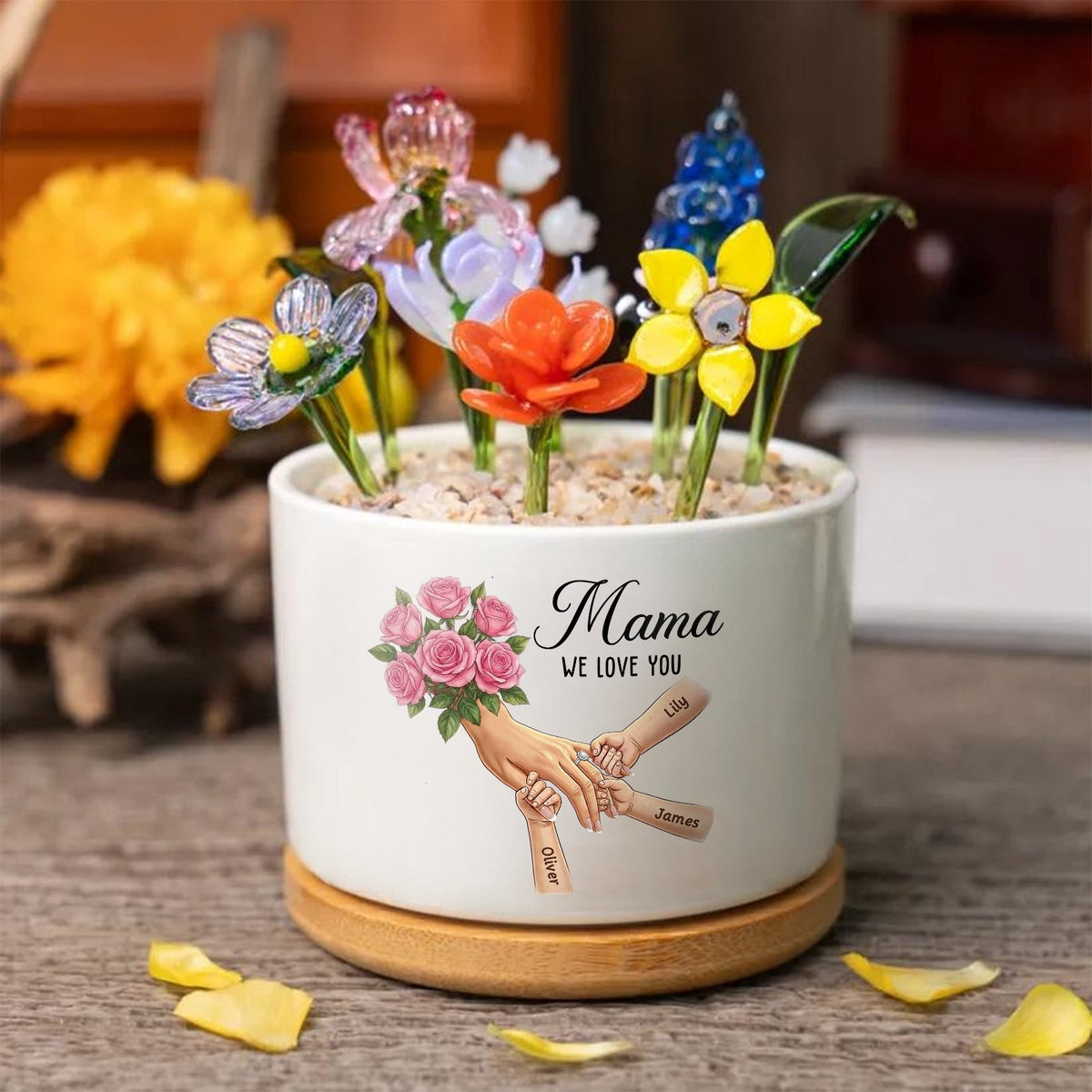 Personalized Large Pink Roses Plant Pot-Personalized Mom Holding Hands|Best Mother&