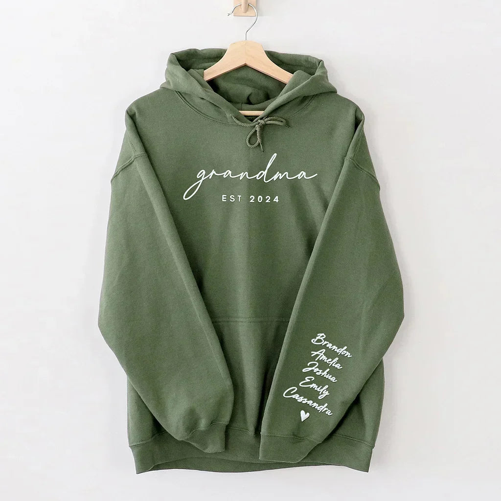 Custom Puff Print Sweatshirt Est Year with Kids Names on Sleeve | for Mama and Grandma Gift