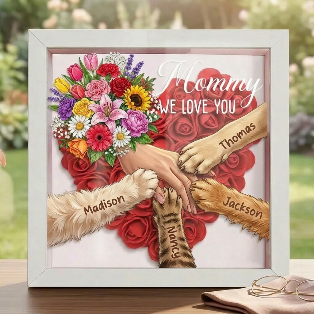 "Mixed Bouquet"-Personalized Pet Paw &amp; Human Hand Holding Shadow Box-Mother&