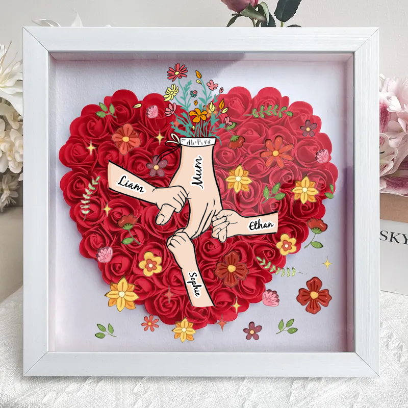 Personalized Flower Shadow Box, hand holding with many flowers- Mother&