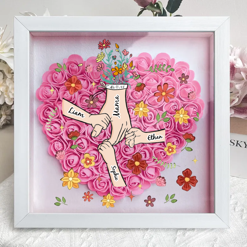 Personalized Flower Shadow Box, hand holding with many flowers- Mother&